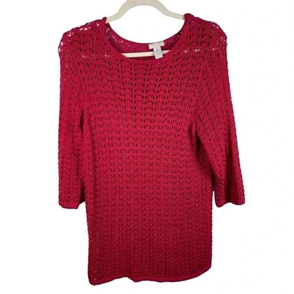 Chicos Open Knit 3/4 length sleeve‎ Pink Sweater size 2